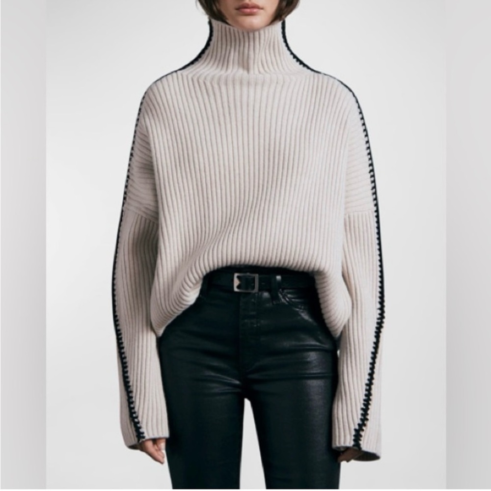 Rag & Bone Ingrid Wool Sweater XS Ribbed Turtleneck Ivory Tan Minimalist Neutral
